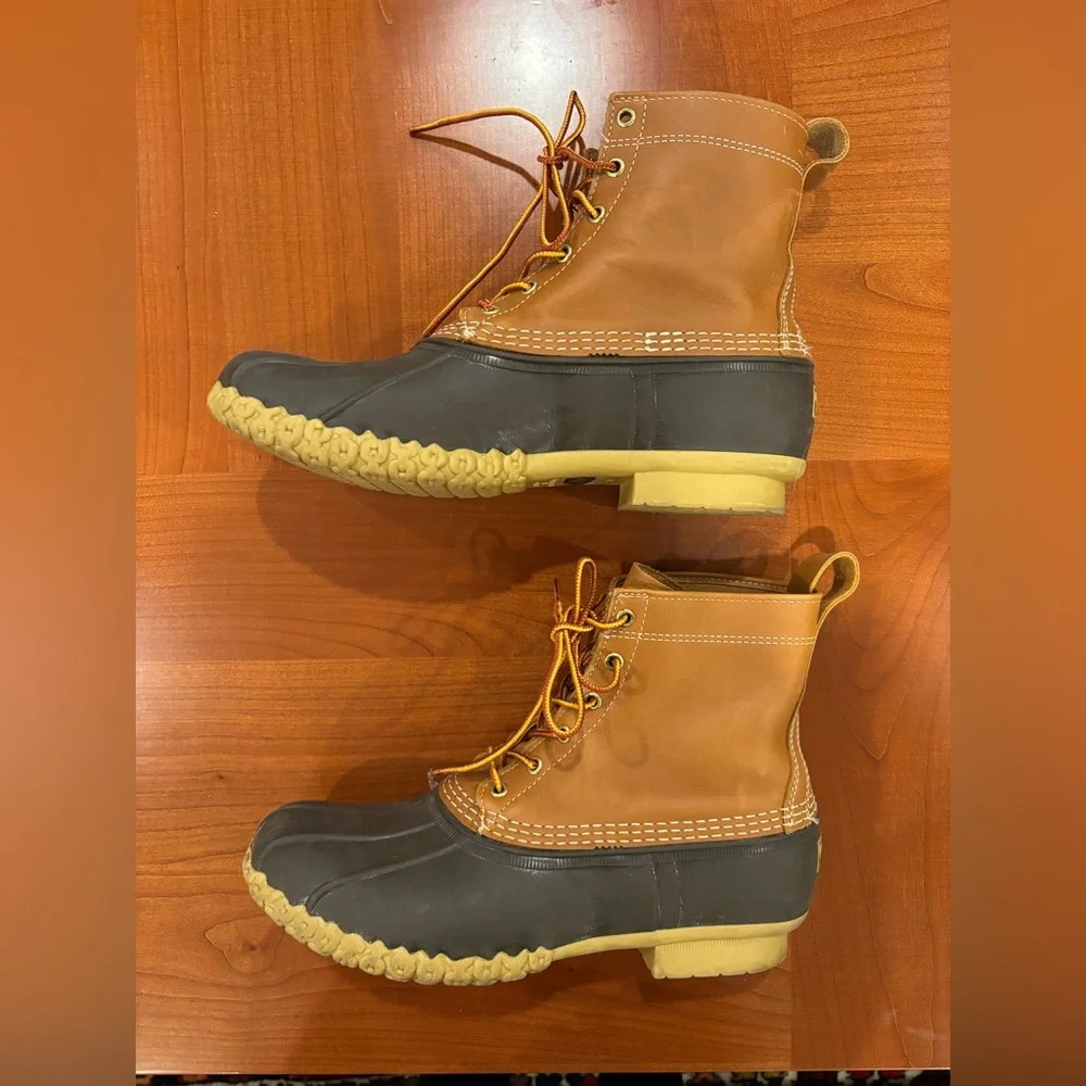 L.L. Bean Men's Tan and Brown Rain Boots/Duck Boots, 8” tall, size 11 M